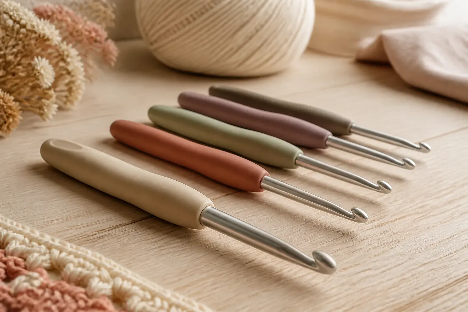 Plusieurs crochets de tailles differentes poses a cote d'une pelote de coton clair