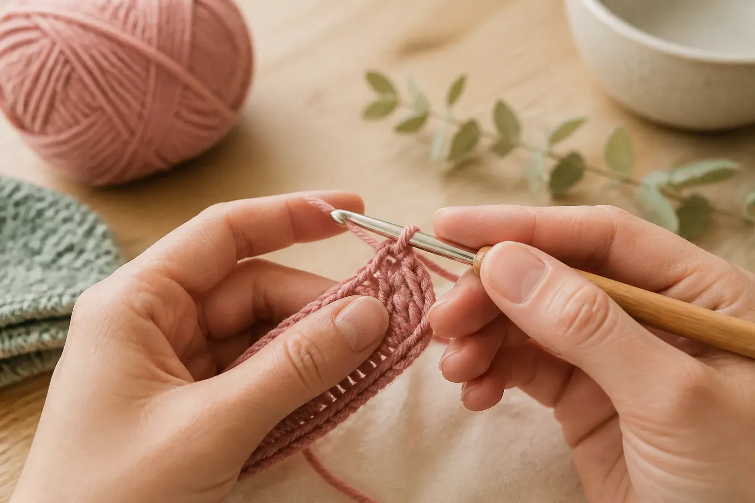 Gros plan sur deux mains formant une maille serree avec du coton rose