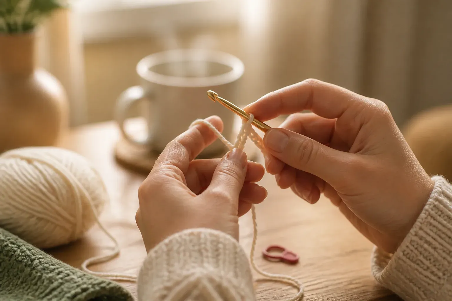 Deux mains tenant un crochet et un fil de coton écru au-dessus d'une table en bois clair, une tasse et des pelotes en arrière-plan