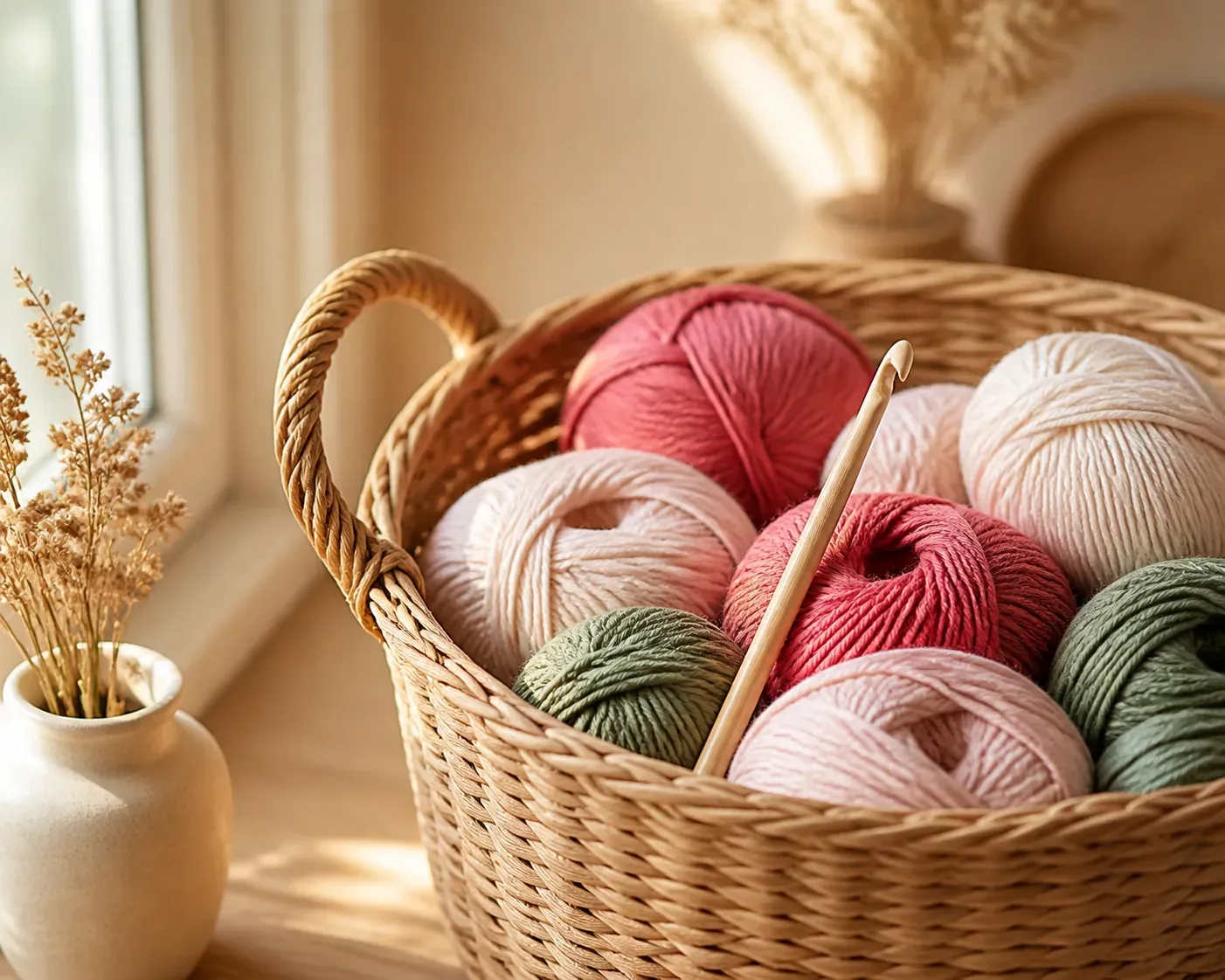 Panier en osier rempli de pelotes de coton framboise, rose poudre, écru et vert sauge près d'une fenêtre, un crochet en bambou planté dedans