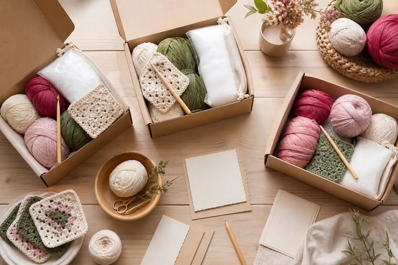 Vue de dessus de plusieurs boîtes de kit crochet ouvertes sur une table en bois clair, pelotes, carrés au crochet, crochets en bambou et fiches vierges