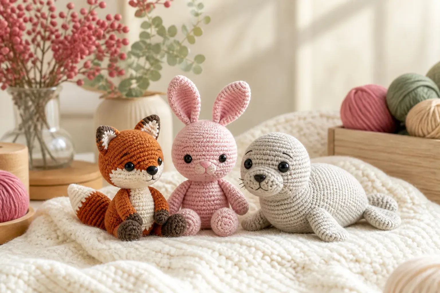 Trois amigurumis terminés, un renard roux, un lapin rose et un phoque gris, posés côte à côte sur un plaid crème en grosse maille