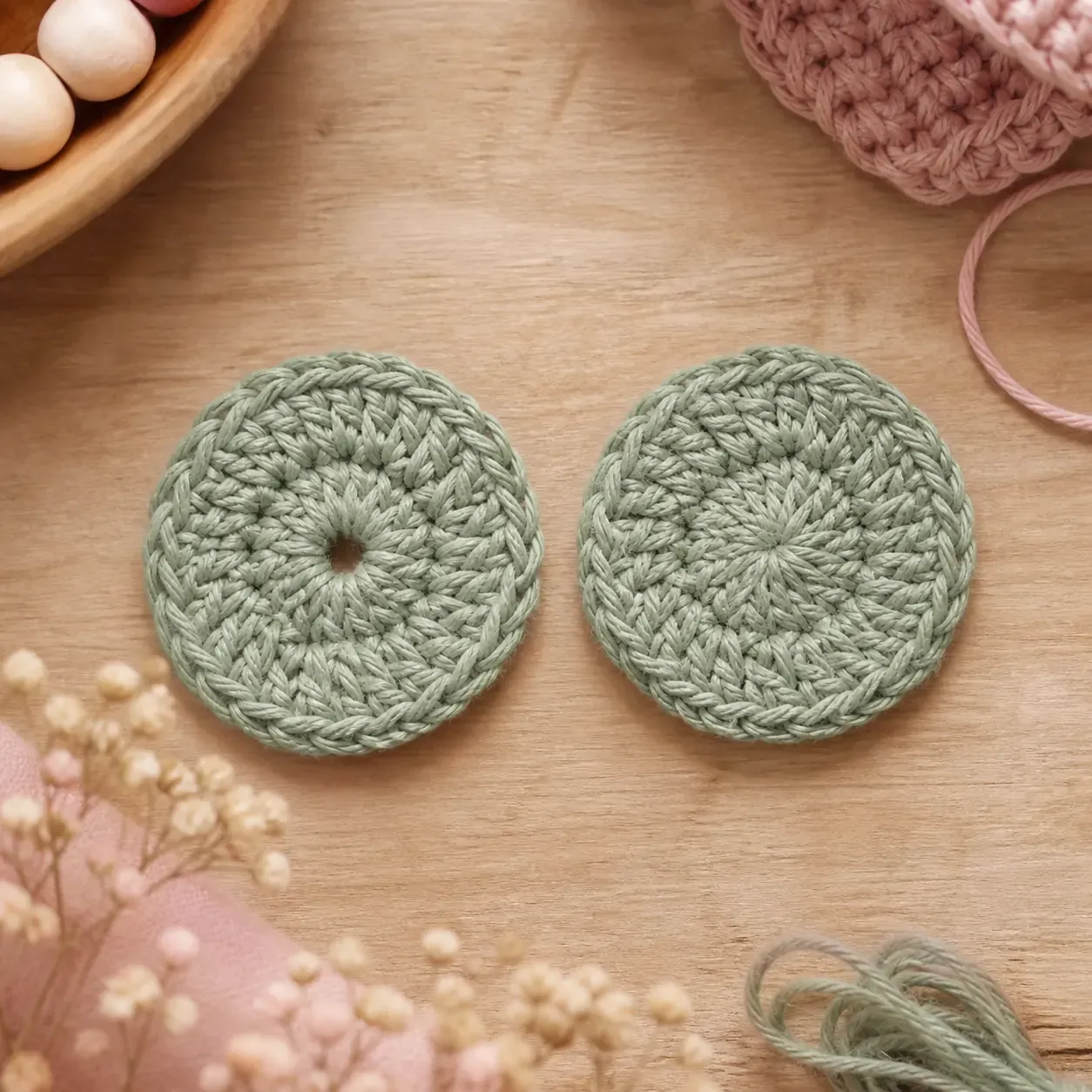 Deux petits disques crochetes cote a cote, l'un avec un trou au centre, l'autre ferme