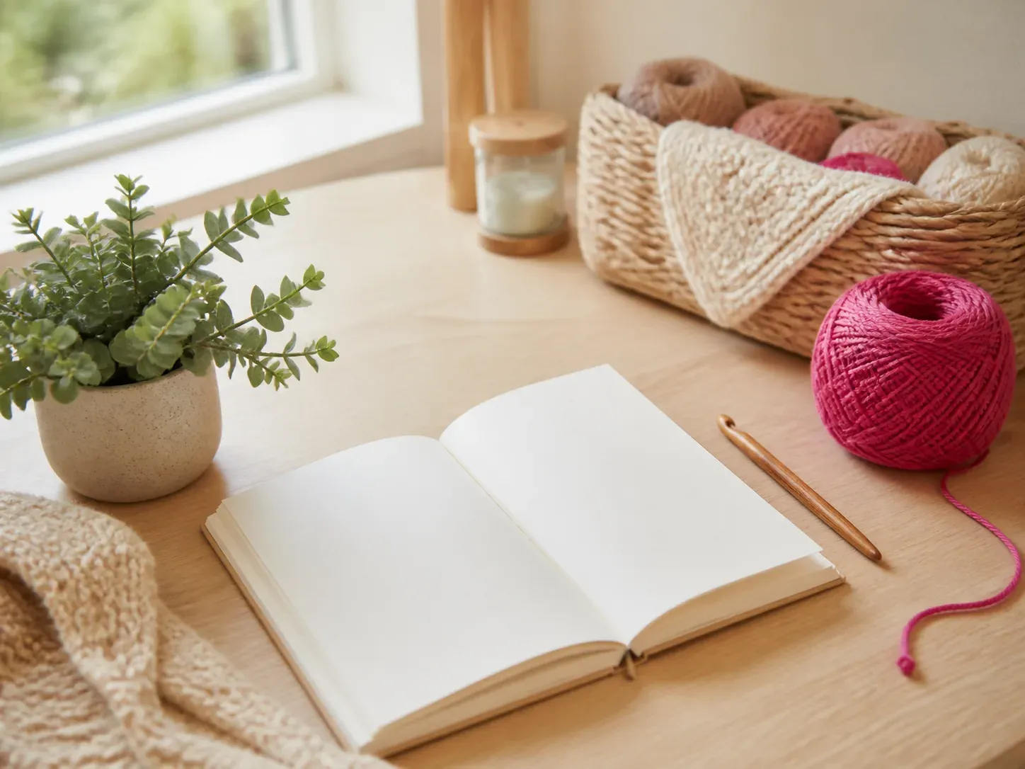 Carnet ouvert à une page vierge sur une table en bois clair, avec un crochet en bambou, une pelote framboise et une petite plante verte devant une fenêtre