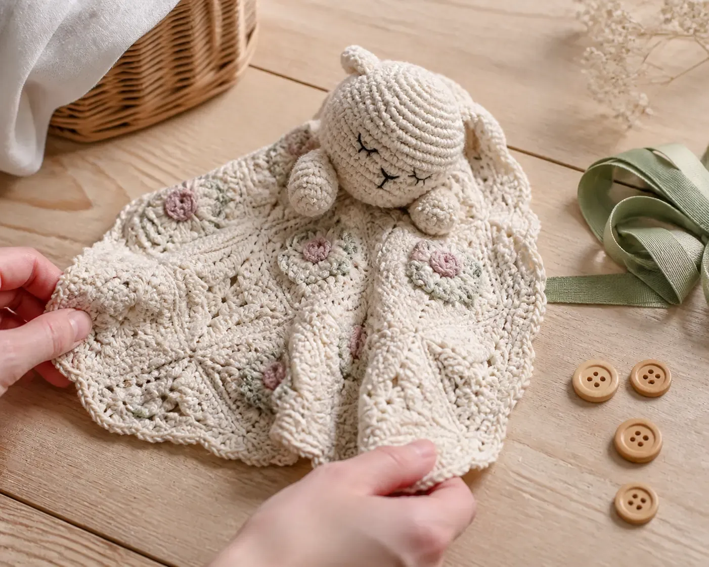Doudou crochet pose pres d'un ruban et de boutons, pret a etre personnalise