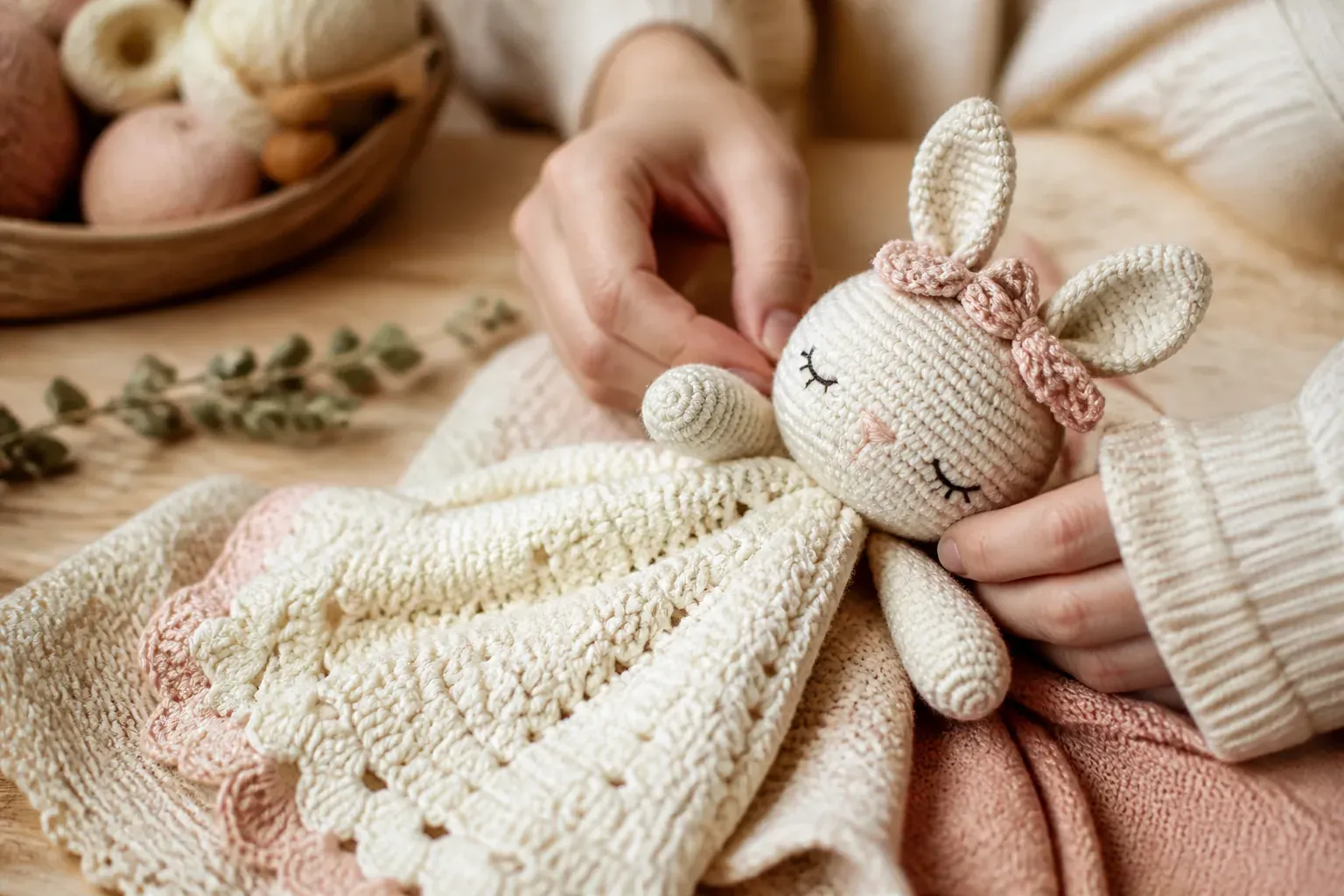 Doudou au crochet dont les yeux sont brodes au fil, pose sur une couverture