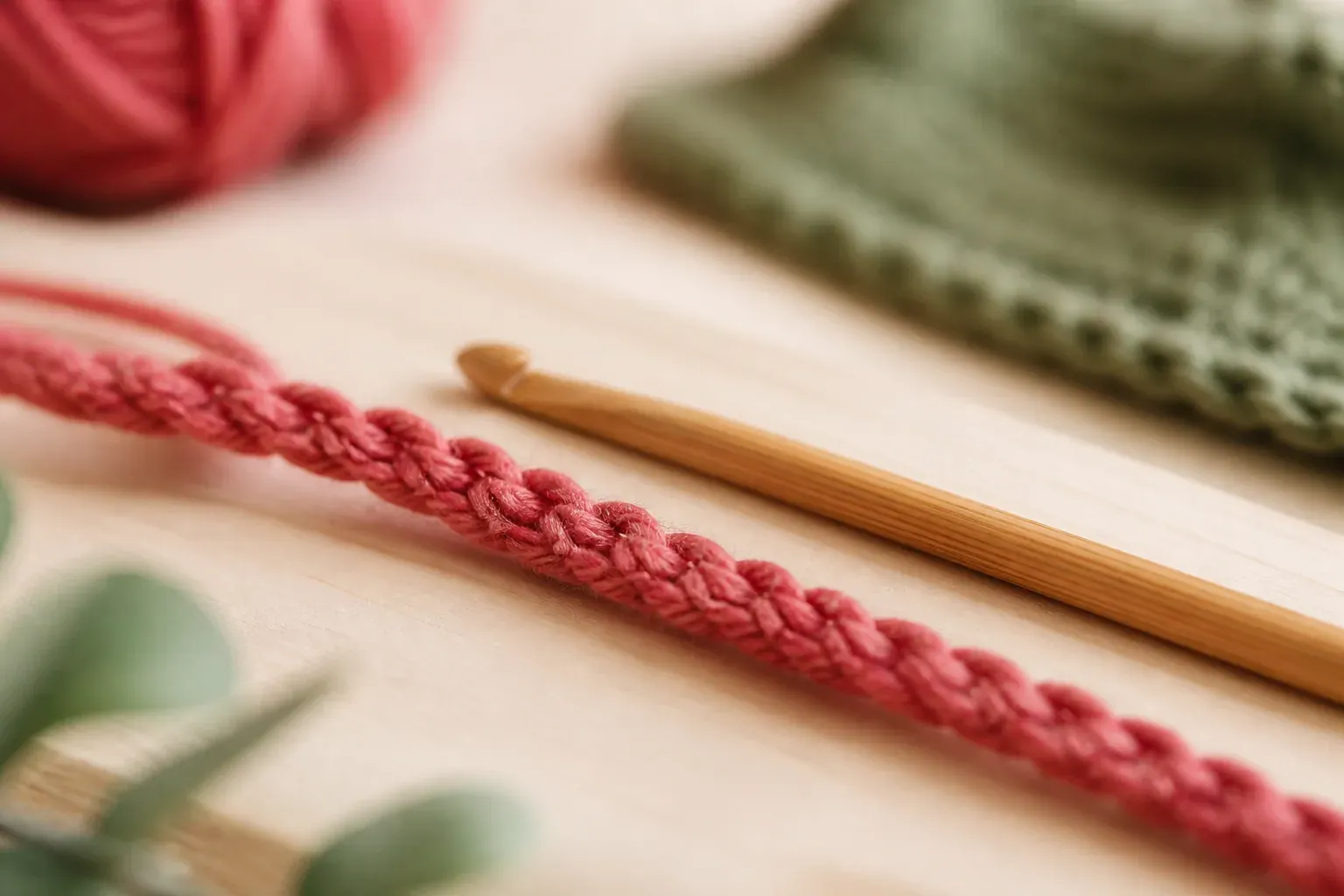 Macro d'une chaînette au crochet en coton framboise posée sur du bois clair, un crochet en bambou à côté