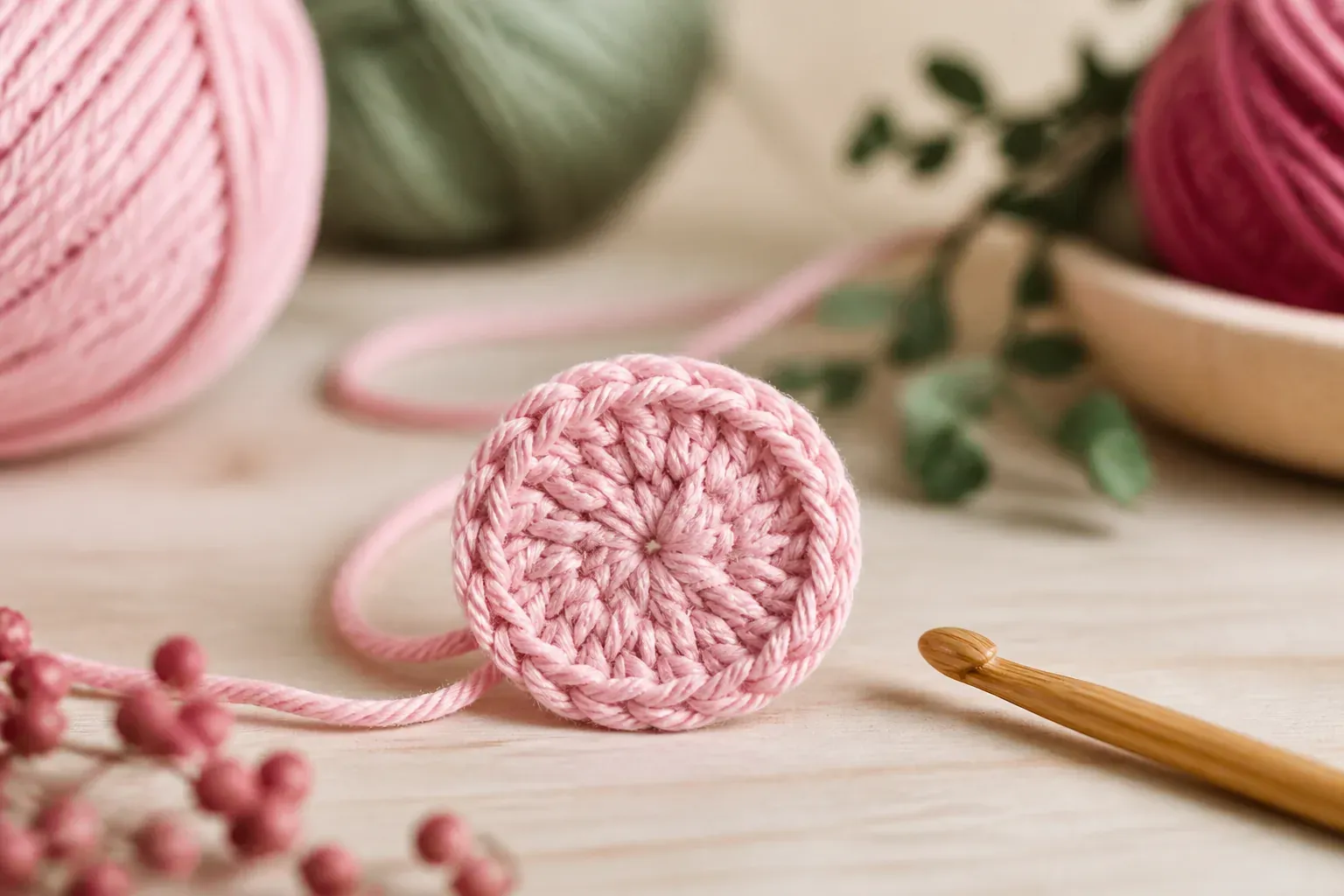 Macro d'un disque crocheté en rond en coton rose poudre sur du bois clair, un crochet en bambou posé à côté