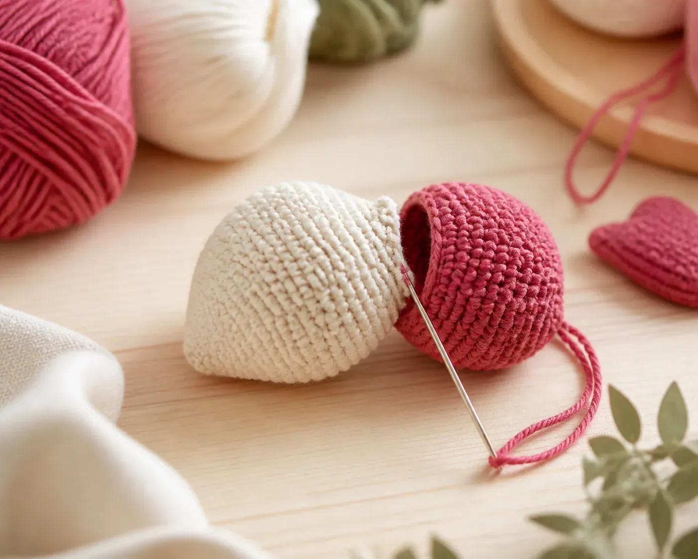 Macro de deux pièces d'amigurumi en coton écru et framboise en cours d'assemblage avec une aiguille à laine