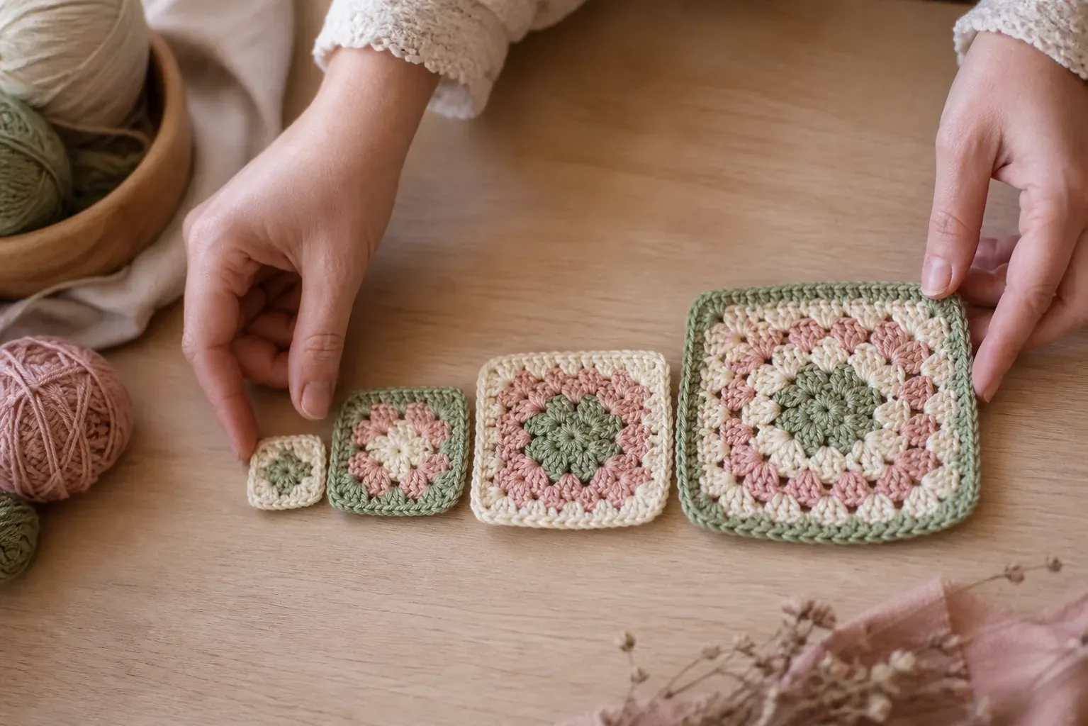 Carres granny de tailles croissantes montrant la progression des tours