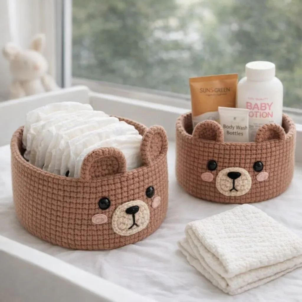 Kit crochet deux corbeilles ours, bases en bois : vue 1