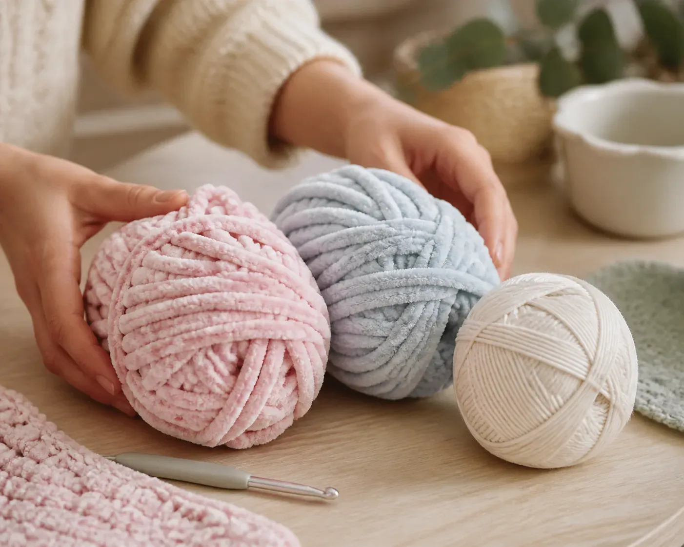 Pelotes de fil velours et chenille posees a cote d'une pelote de coton