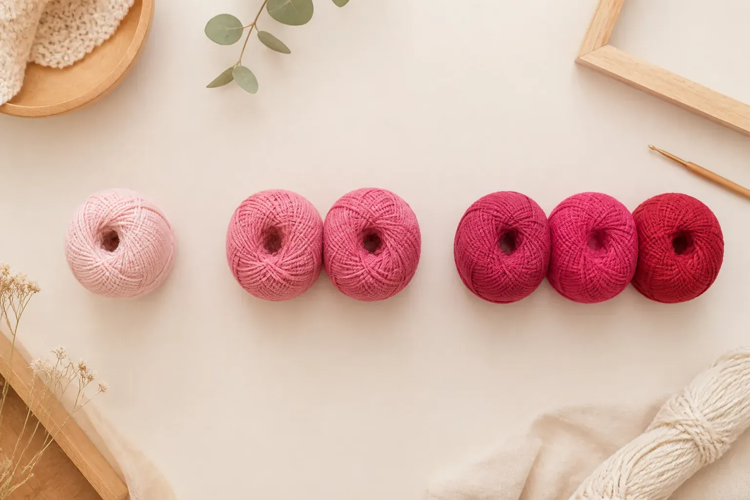 Une pelote rose pâle, puis deux pelotes roses, puis trois pelotes framboise alignées sur une table claire, un crochet en bois posé à côté