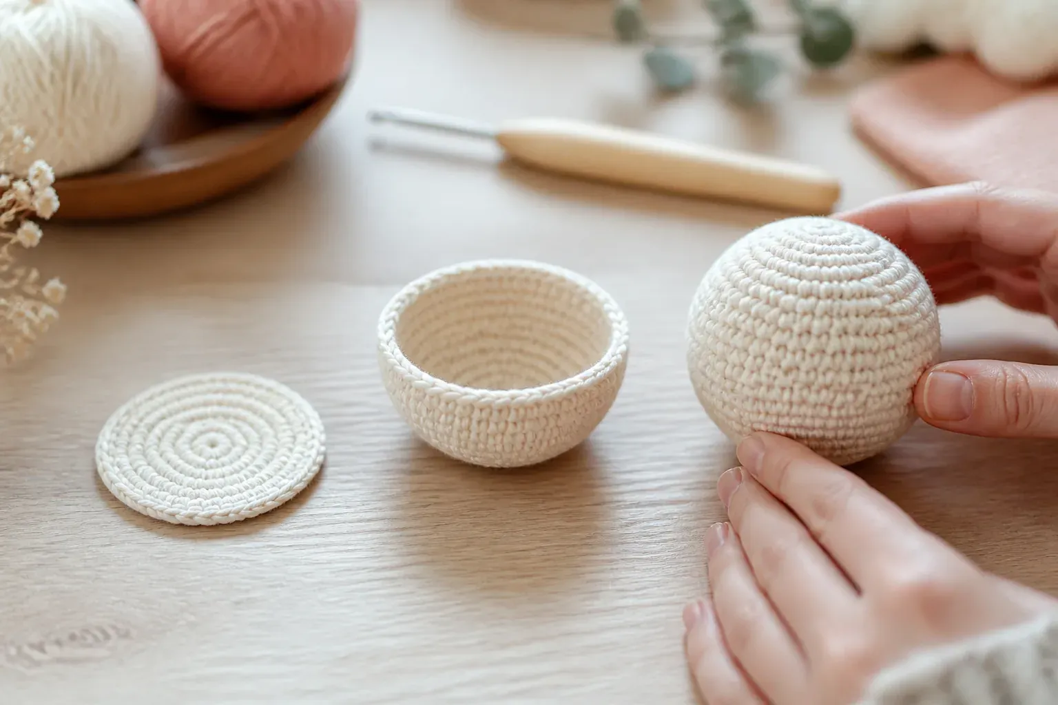 Trois etapes d'une sphere au crochet, du disque plat a la boule rembourree