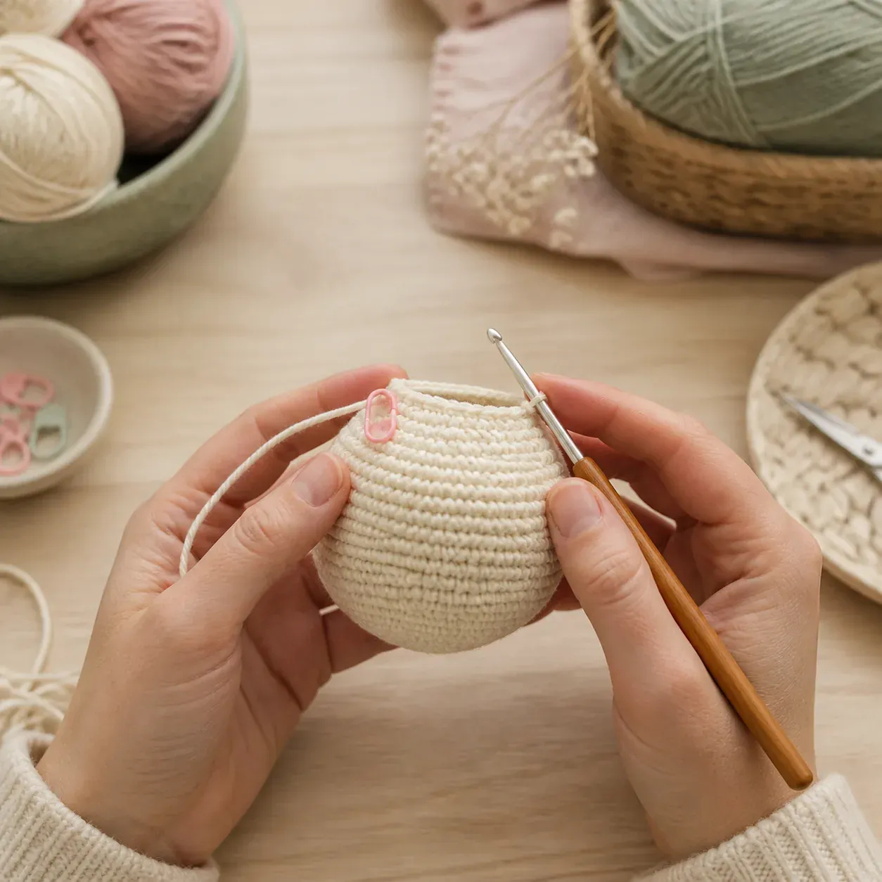 Amigurumi en cours avec un marqueur de maille indiquant le debut du rang
