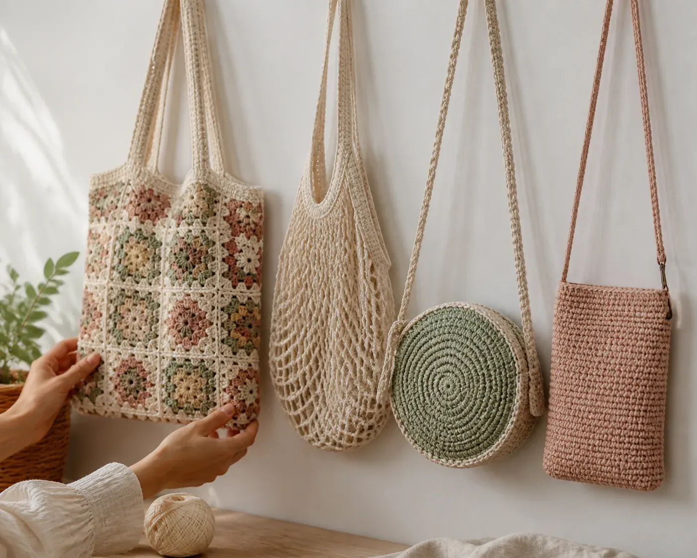 Quatre sacs au crochet de formes differentes alignes sur un mur clair