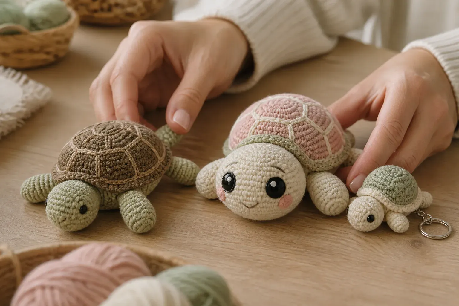 Trois tortues au crochet de styles differents posees ensemble