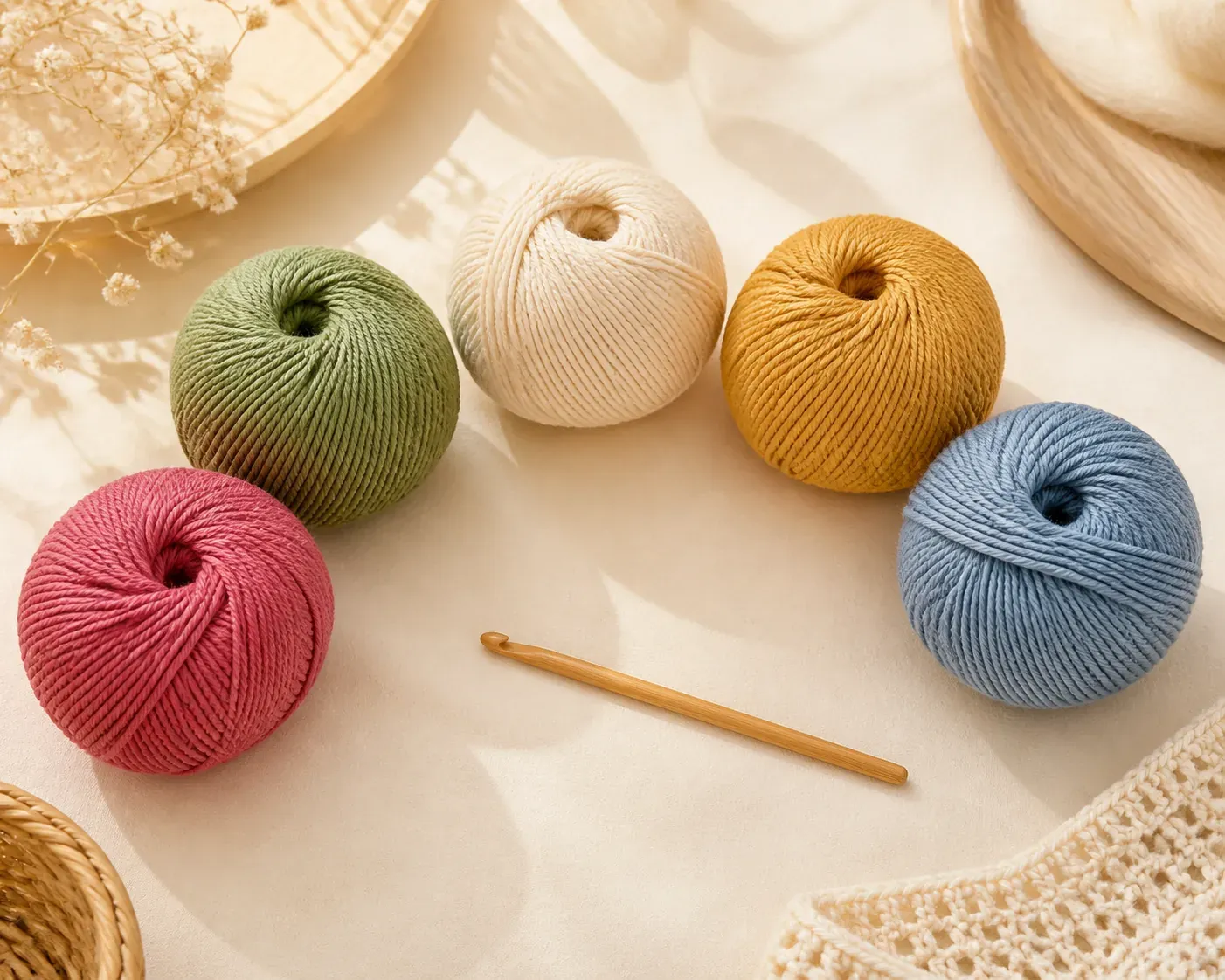 Cinq pelotes de coton framboise, vert olive, écru, moutarde et bleu disposées en arc autour d'un crochet en bois, sur une nappe écrue